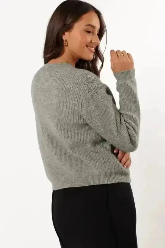 Cardigans Bow Buttons Cardigan - Grey Ribbed Knit