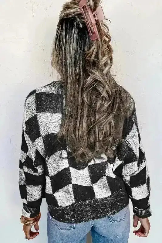 Checkered open front cardigan back view — Fashionfitz UK