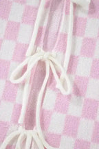 Cardigans Chic Pink Checkered Lace-Up Cardigan