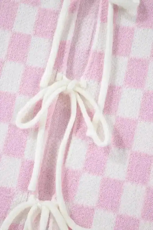 Cardigans Chic Pink Checkered Lace-Up Cardigan