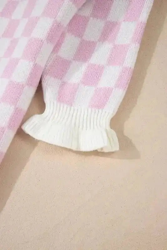 Cardigans Chic Pink Checkered Lace-Up Cardigan