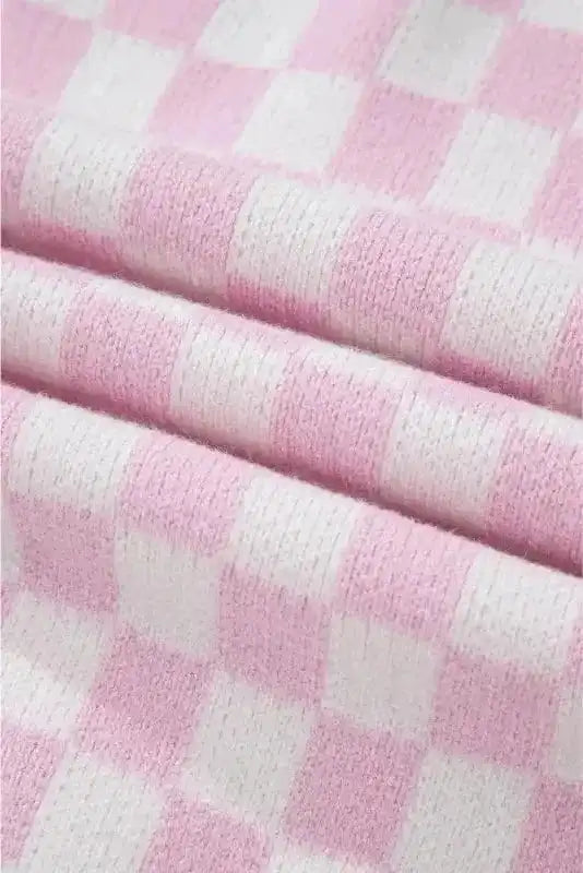 Cardigans Chic Pink Checkered Lace-Up Cardigan