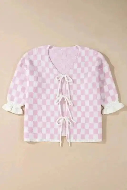 Cardigans Chic Pink Checkered Lace-Up Cardigan