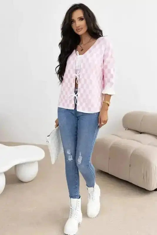 Cardigans Chic Pink Checkered Lace-Up Cardigan