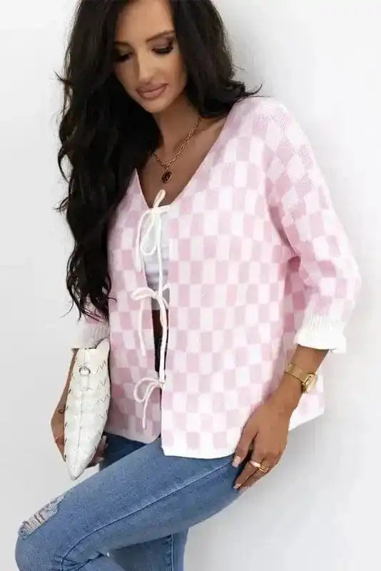 Cardigans Chic Pink Checkered Lace-Up Cardigan