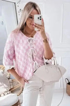 Cardigans Chic Pink Checkered Lace-Up Cardigan