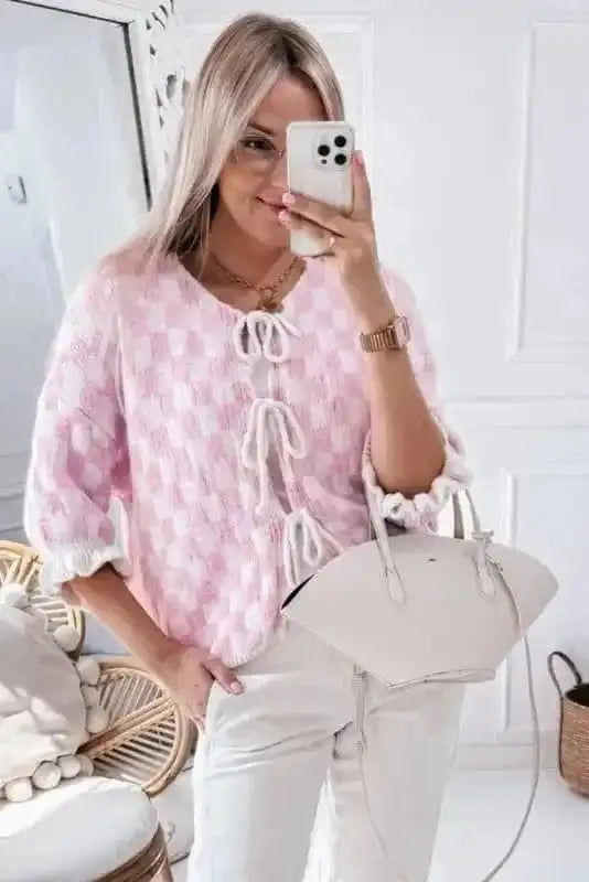 Cardigans Chic Pink Checkered Lace-Up Cardigan
