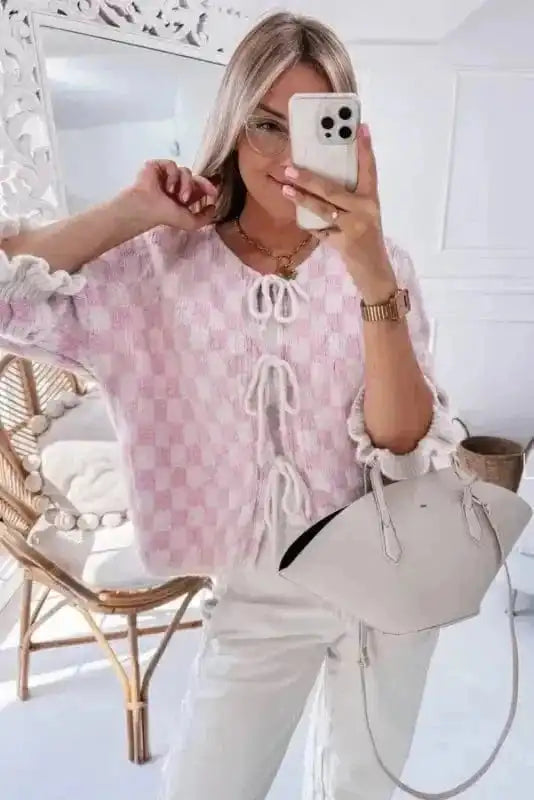 Cardigans Chic Pink Checkered Lace-Up Cardigan