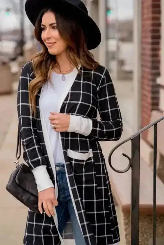 Cardigans Cozy Pocketed Plaid Cardigan