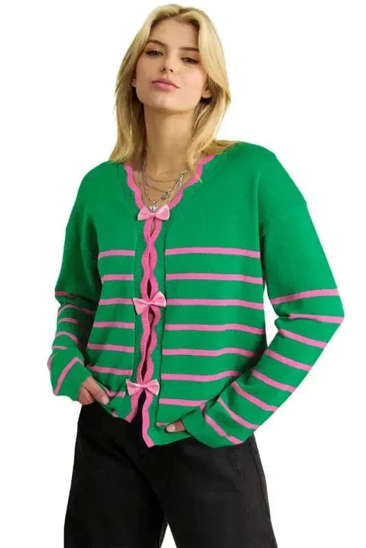 Cardigans Cute Bow Cardigan - Green Stripe Knit