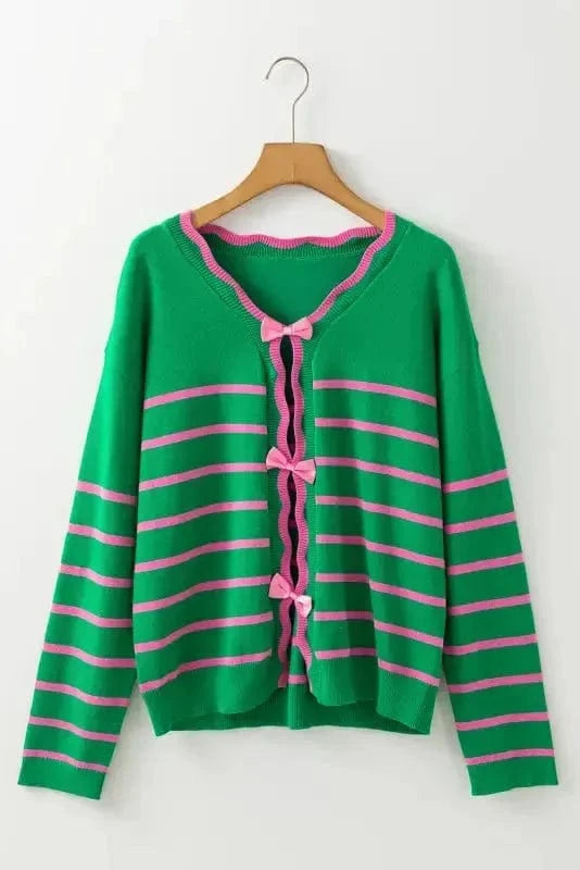 Cardigans Cute Bow Cardigan - Green Stripe Knit