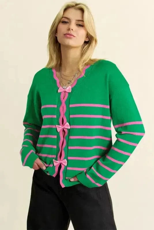 Cardigans Cute Bow Cardigan - Green Stripe Knit