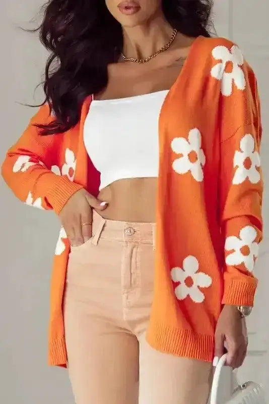 Floral loose open front cardigan front view — Fashionfitz UK