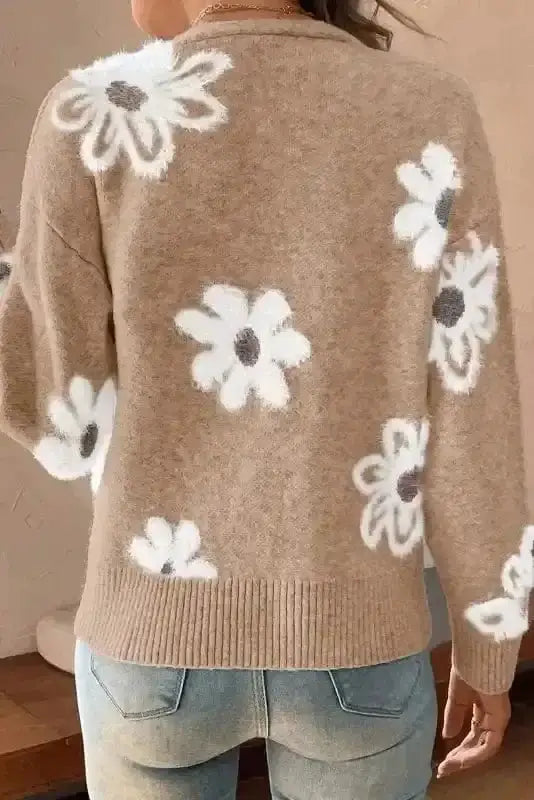 Floral soft knit V-neck cardigan back view — Fashionfitz UK