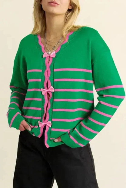 Cardigans Green Stripe / S / 100%Cotton Cute Bow Cardigan - Green Stripe Knit