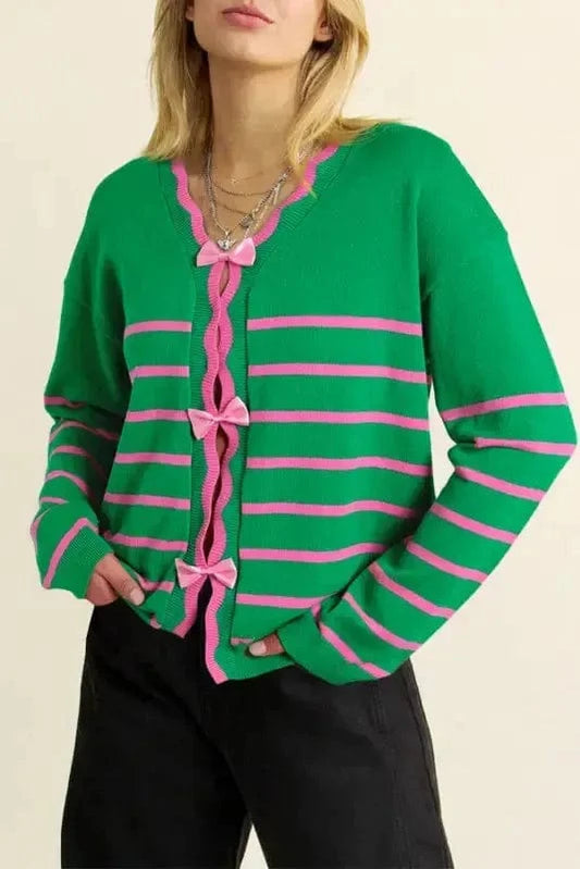 Cardigans Green Stripe / S / 100%Cotton Cute Bow Cardigan - Green Stripe Knit