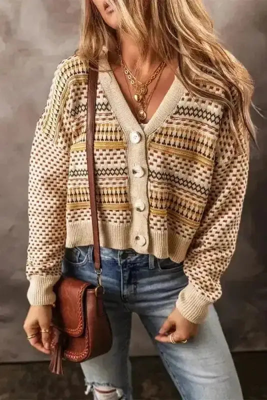 Khaki buttoned cropped cardigan front view — Fashionfitz UK