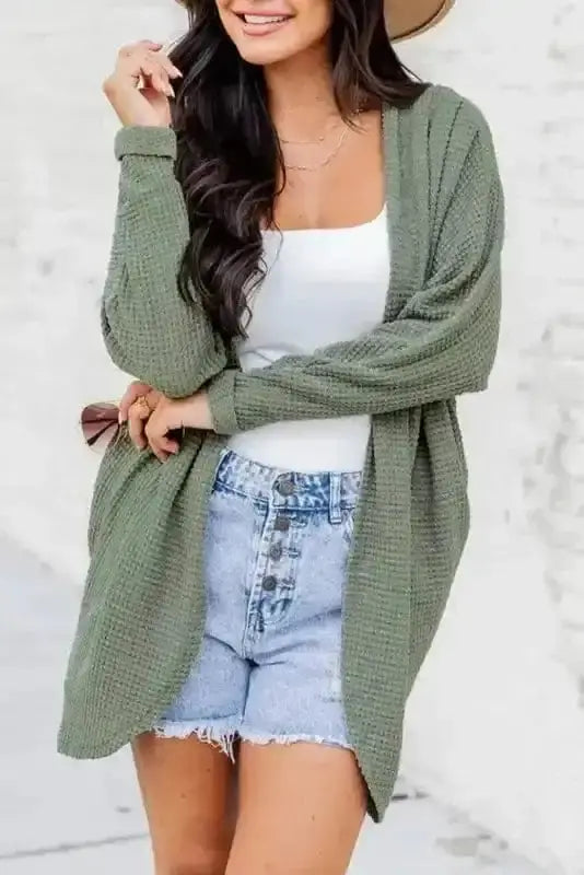 Laurel green waffle knit open front cardigan front view — Fashionfitz UK