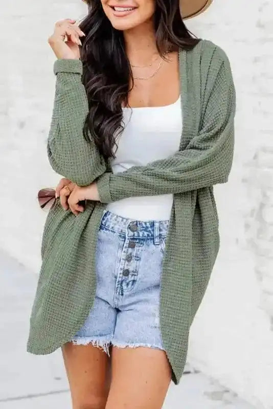 Cardigans Laurel Green / S / 95%Polyester+5%Elastane Waffle Knit Open Front Cardigan