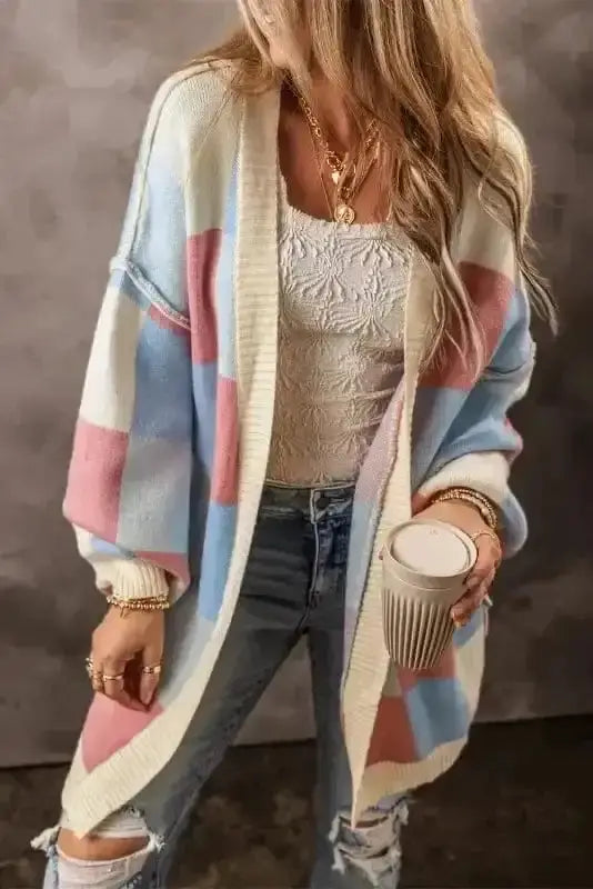 Light blue monochrome mosaic slouch cardigan front view — Fashionfitz UK