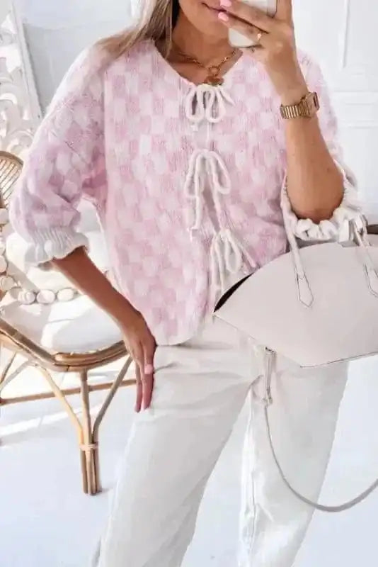 Cardigans Light Pink / S / 50%Viscose+28%Polyester+22%Polyamide Chic Pink Checkered Lace-Up Cardigan