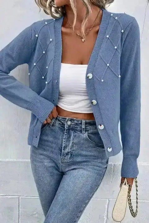 Myosotis pearl button knit cardigan front view — Fashionfitz UK