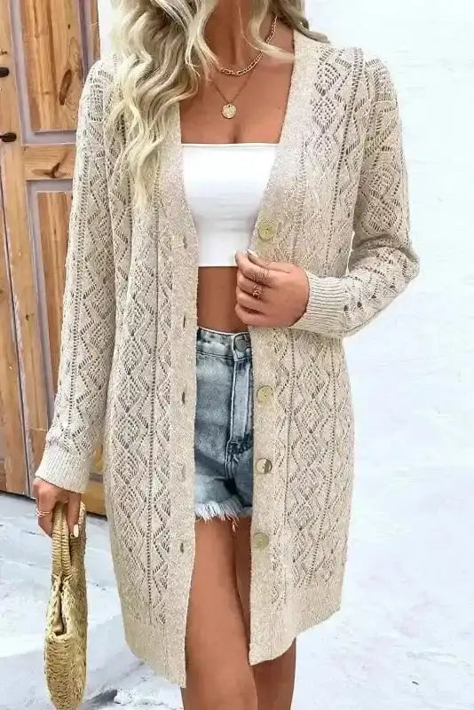 Parchment cable knit eggshell cardigan front view — Fashionfitz UK