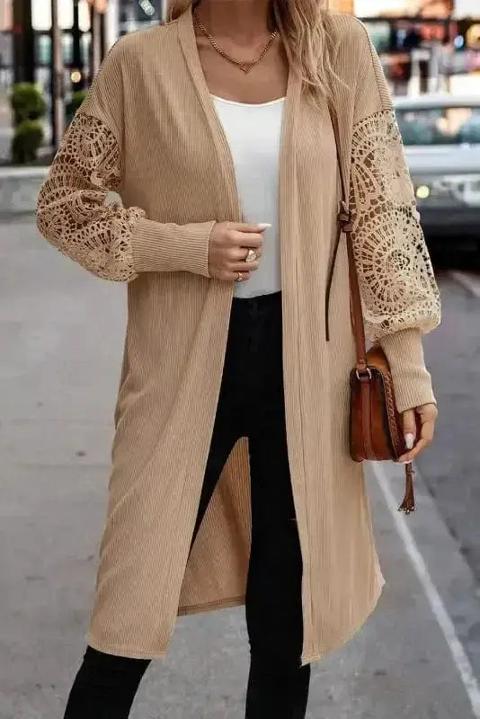 Parchment lace duster cardigan front view — Fashionfitz UK