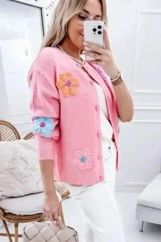 Cardigans Pink / S / 42%Acrylic+30%Polyester+28%Polyamide Flower Patch Cardigan