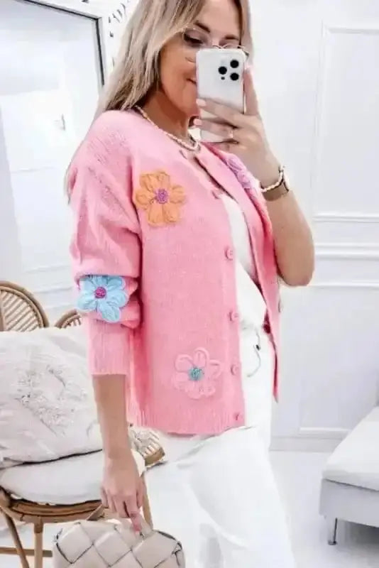 Pink flower patch knit cardigan front view — Fashionfitz UK