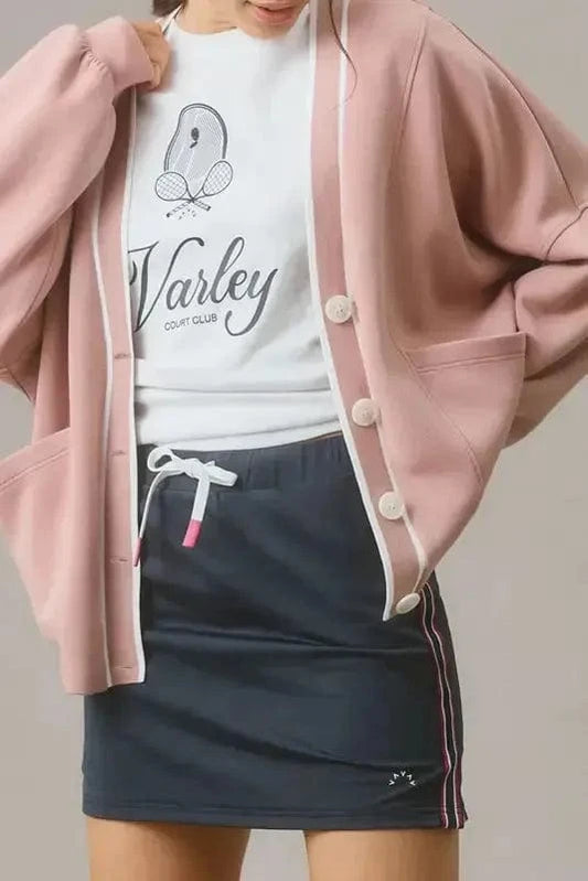 Cardigans Pink Stripe / S / 50%Polyester+45%Viscose+5%Elastane Pink Cardigan - Contrast Trim Buttoned