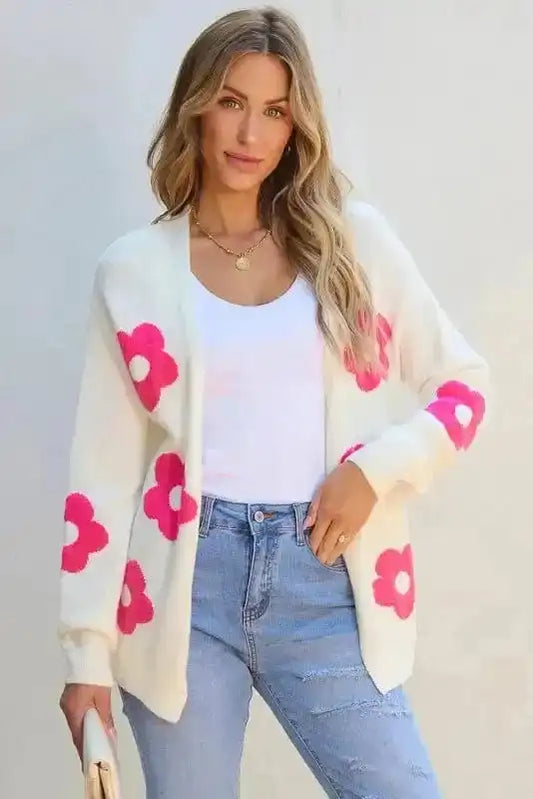 Cardigans Rose Red / S / 65%Acrylic+35%Polyamide Flower Pattern Open Front Cardigan