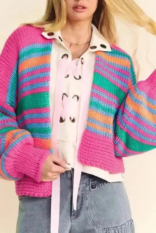 Rose stripe puff sleeve knit cardigan front view — Fashionfitz UK