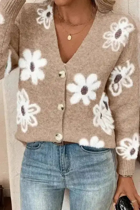 Smoke grey floral soft knit V-neck cardigan front view — Fashionfitz UK