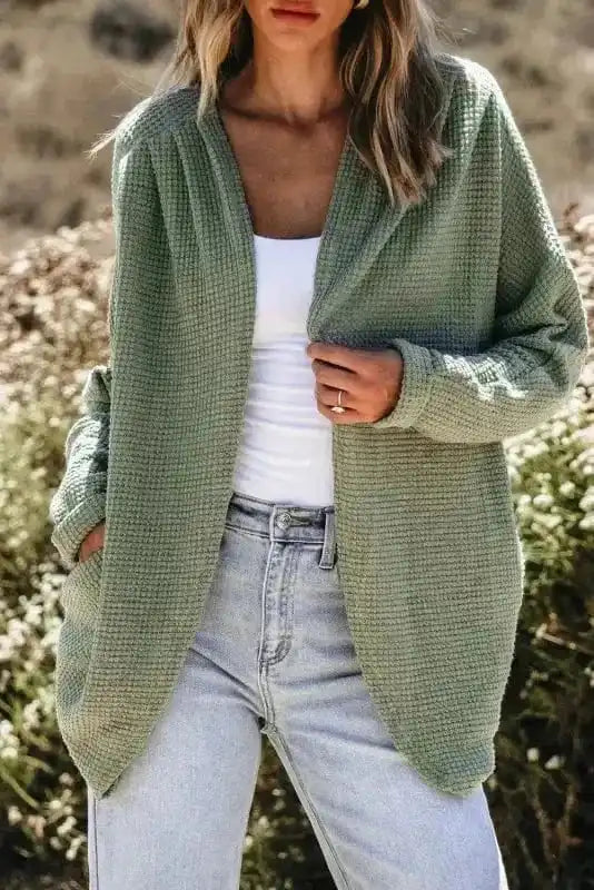 Cardigans Waffle Knit Open Front Cardigan
