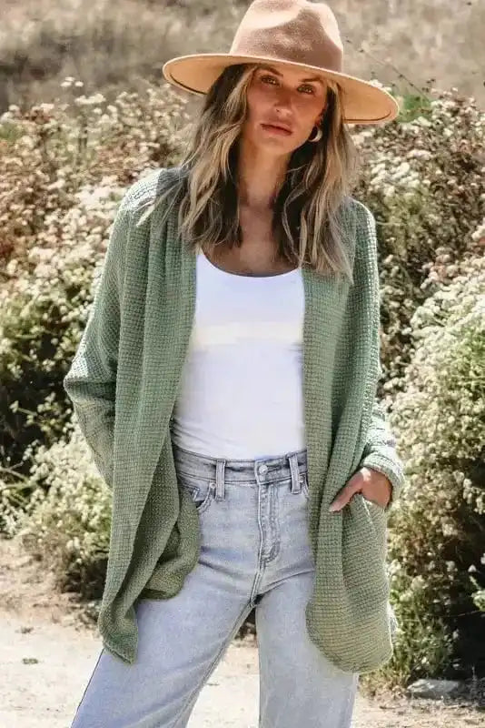 Cardigans Waffle Knit Open Front Cardigan