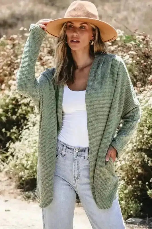 Cardigans Waffle Knit Open Front Cardigan