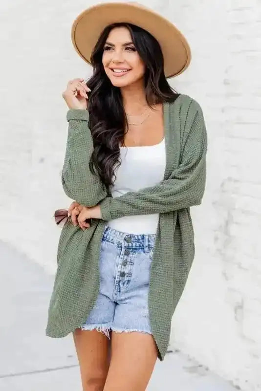Cardigans Waffle Knit Open Front Cardigan