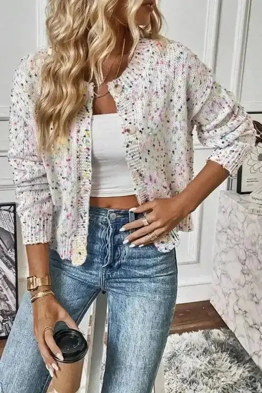 White party pop colour knit cardigan front view — Fashionfitz UK