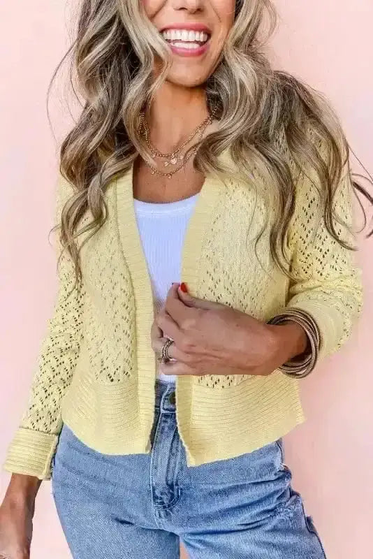 Yellow cream pointelle knit cardigan front view — Fashionfitz UK