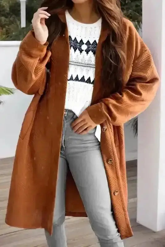 Coats Gold Flame / S / 97%Polyester+3%Elastane ChicWrap Textured Duster Coat – Elegance Meets Comfort