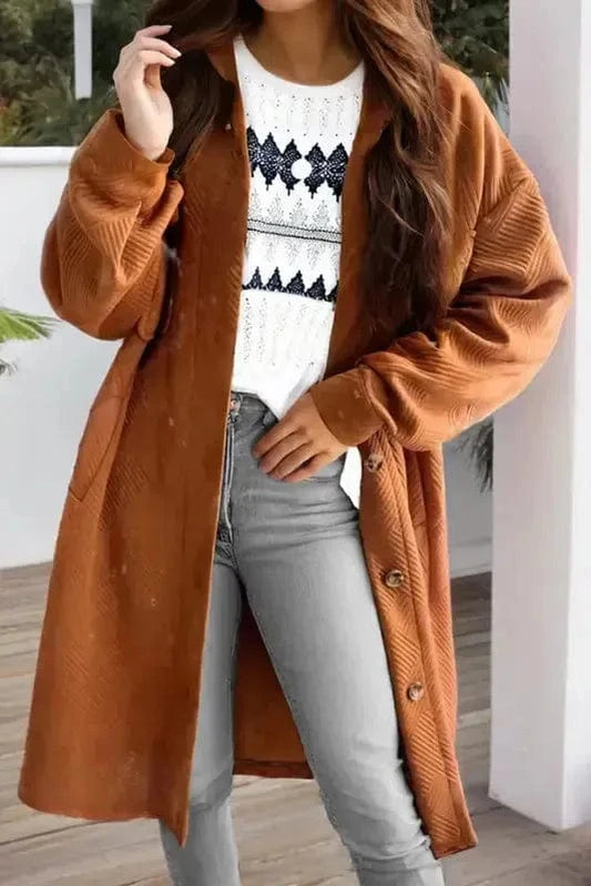 Coats Gold Flame / S / 97%Polyester+3%Elastane ChicWrap Textured Duster Coat – Elegance Meets Comfort
