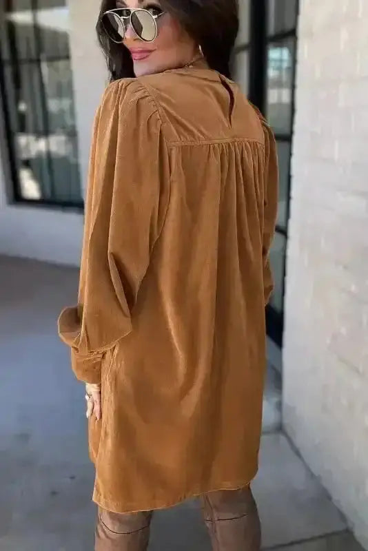 Amber corduroy puff sleeve mini dress back view — Fashionfitz UK