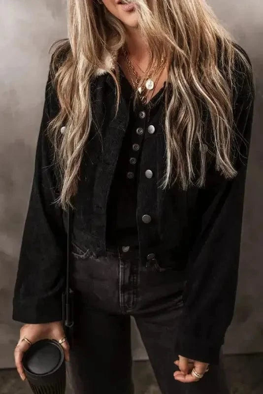 Corduroy Jackets Black / S / 100%Polyester Elegant Fleece-Lined Corduroy Crop Jacket