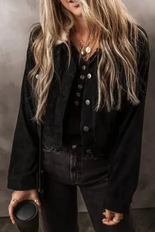 Corduroy Jackets Black / S / 100%Polyester Elegant Fleece-Lined Corduroy Crop Jacket