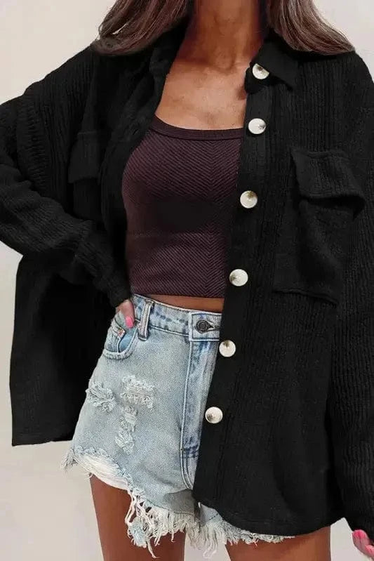 Corduroy Jackets Black / S / 85%Polyester+10%Viscose+5%Elastane Retro Buttoned Corduroy Shacket