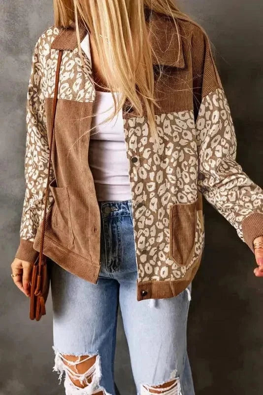 Corduroy Jackets Brown Leopard Print Corduroy Long Sleeve Jacket