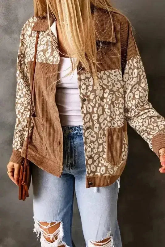 Corduroy Jackets Brown Leopard Print Corduroy Long Sleeve Jacket