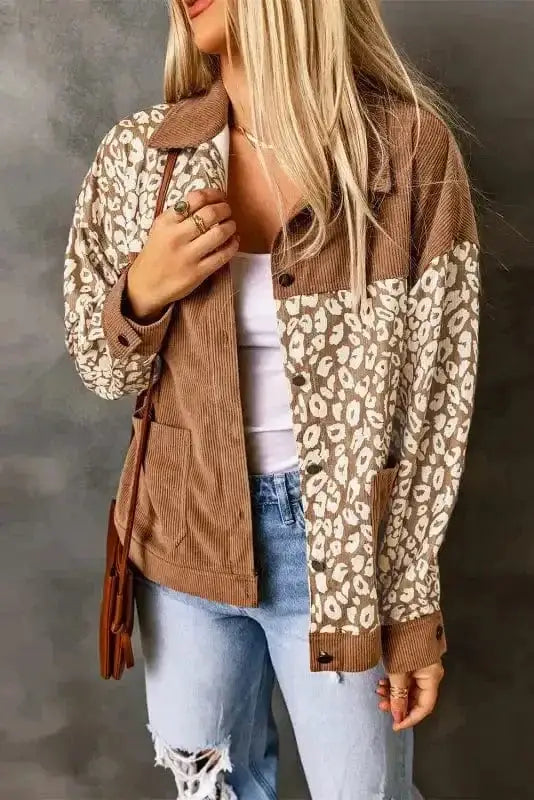 Corduroy Jackets Brown Leopard Print Corduroy Long Sleeve Jacket