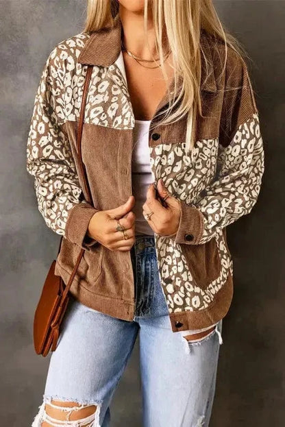 Corduroy Jackets Brown / S / 100%Polyester Brown Leopard Print Corduroy Long Sleeve Jacket